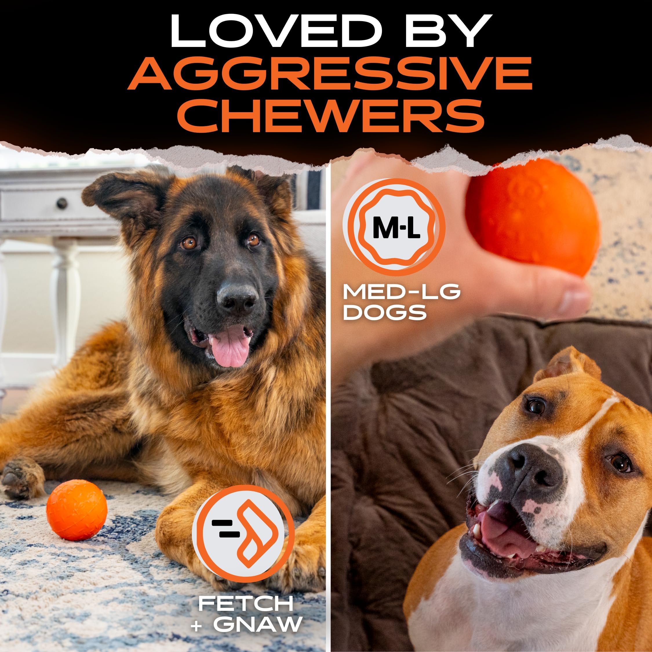 Monster K9 Beast Ball highlights safe, non-toxic natural rubber material.