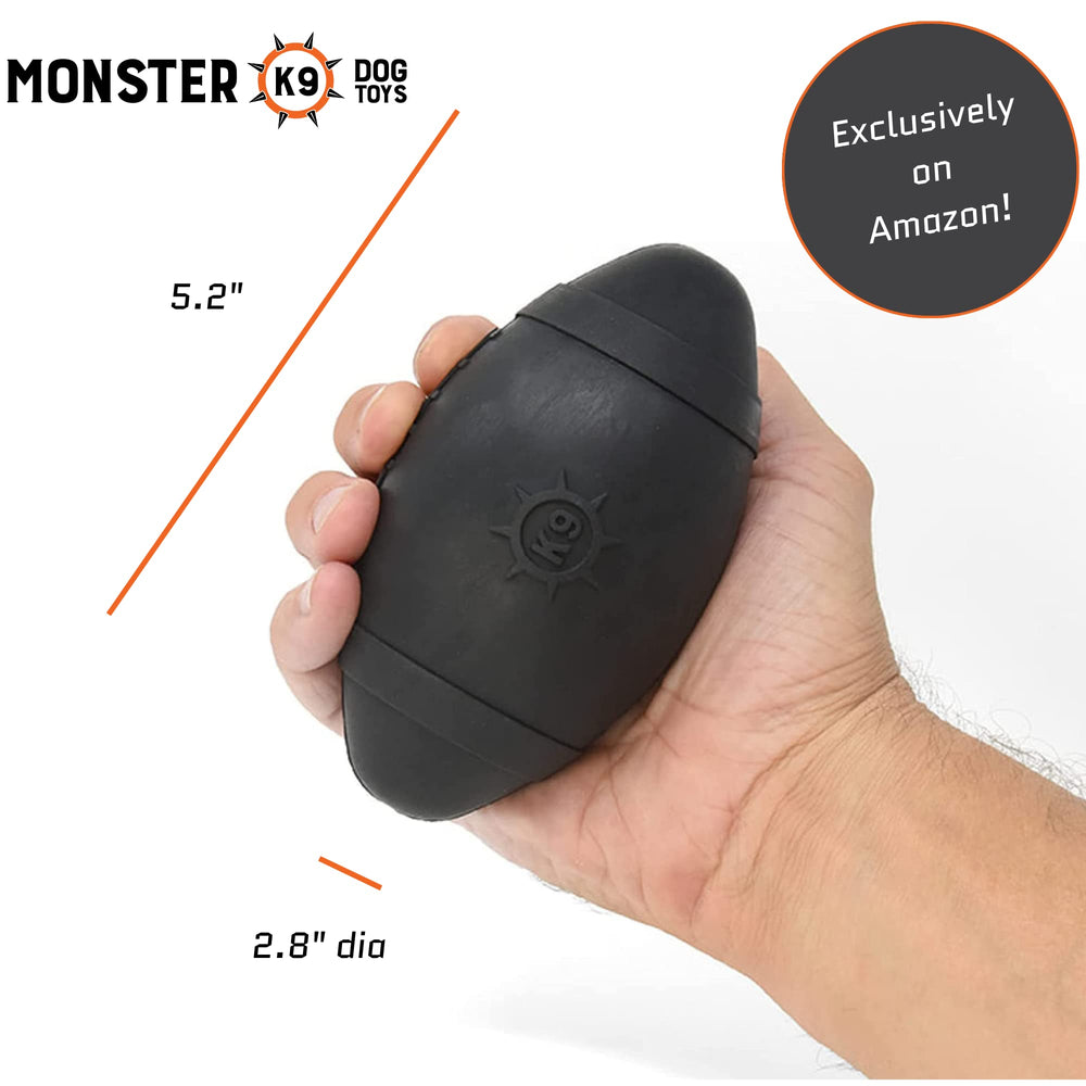 Monster K9 Football front view, 5in size, ideal for fetch and chewing.