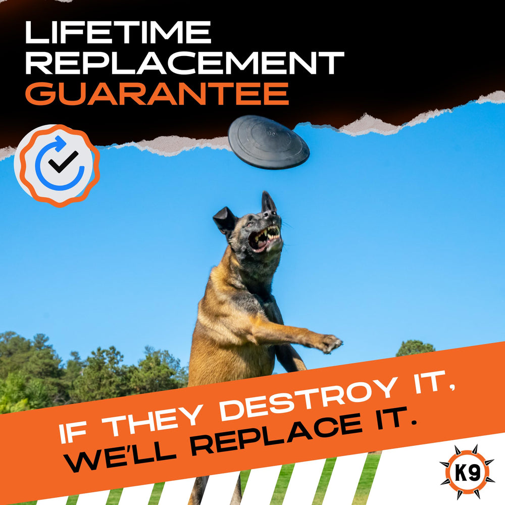 Monster K9 Indestructible Flying Disc in tug-play action emphasizes durability and control
