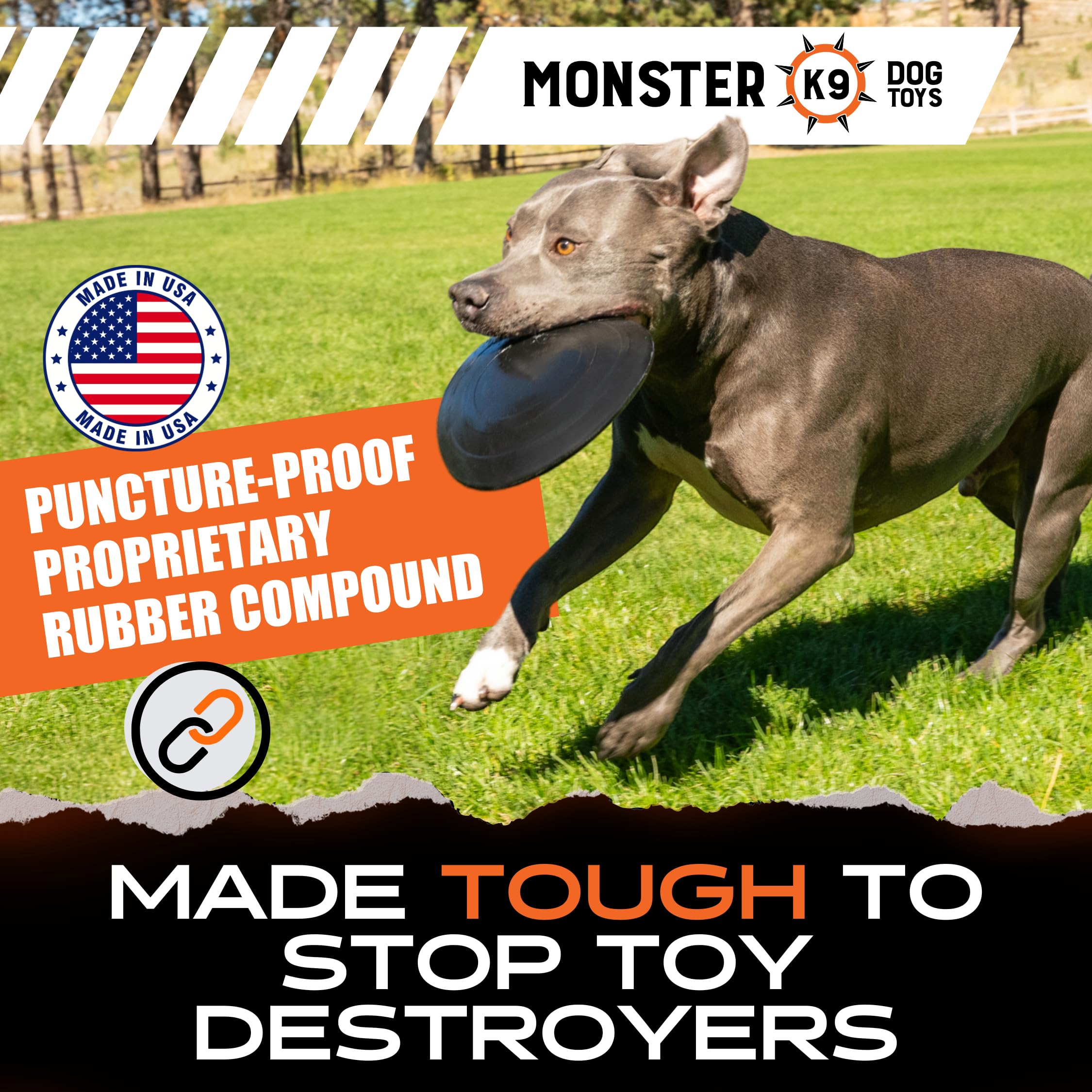 Monster K9 Indestructible Flying Disc close-up shows non-toxic rubber for safe chewing