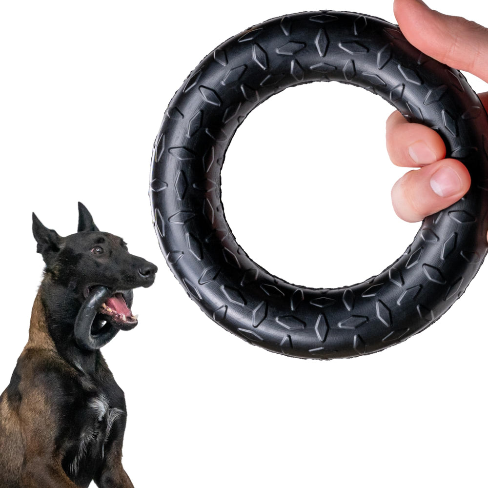 Monster K9 indestructible ring toy closeup shows rugged solid-core rubber for tough chewers.
