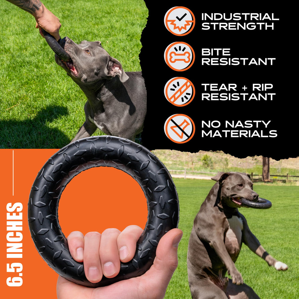 Monster K9 indestructible ring toy outdoors in use for durable play.