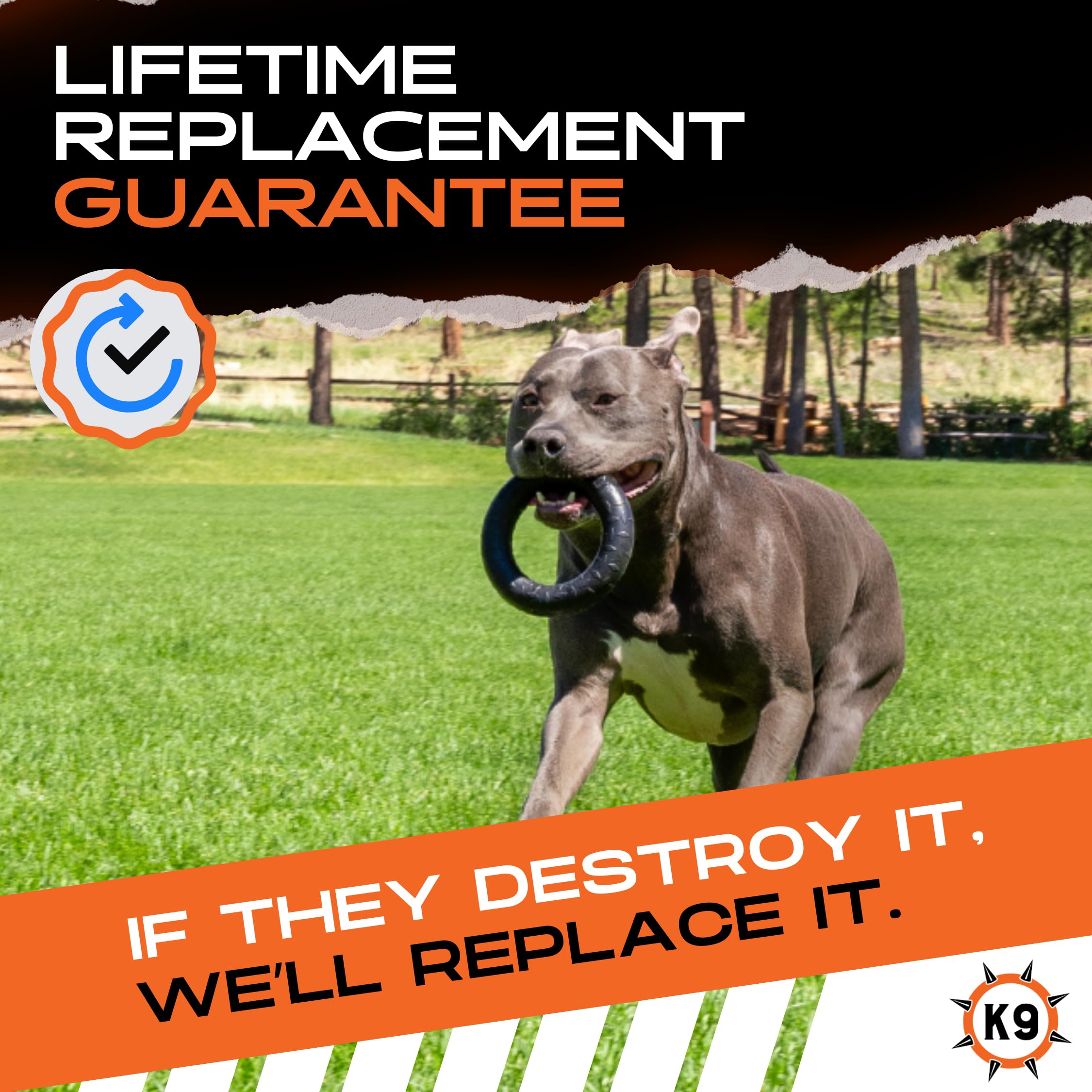 Monster K9 indestructible ring toy solid-core rubber detail emphasizes premium chew material.