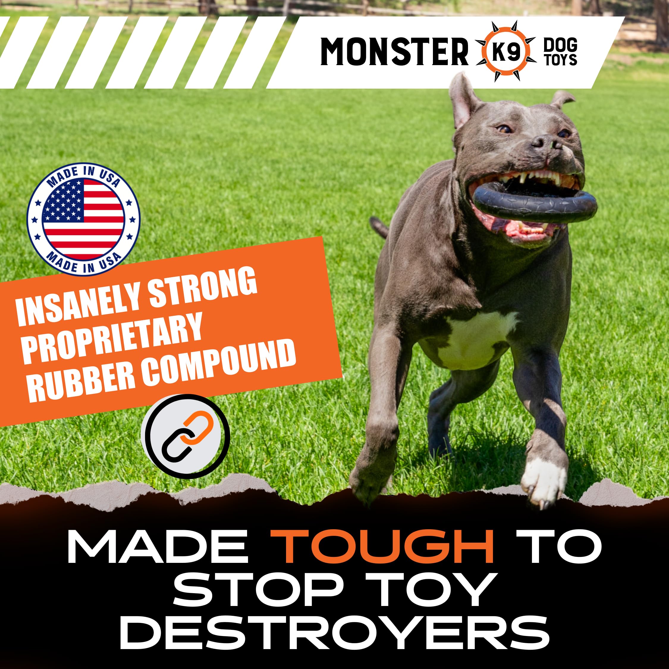 Monster K9 indestructible ring toy tug and fetch action demonstrates interactive play.