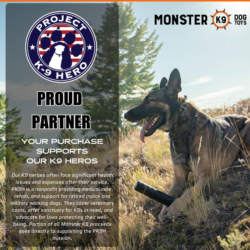Monster K9 Indestructible Stick Toy in-action shows chew, tug, and fetch versatility.