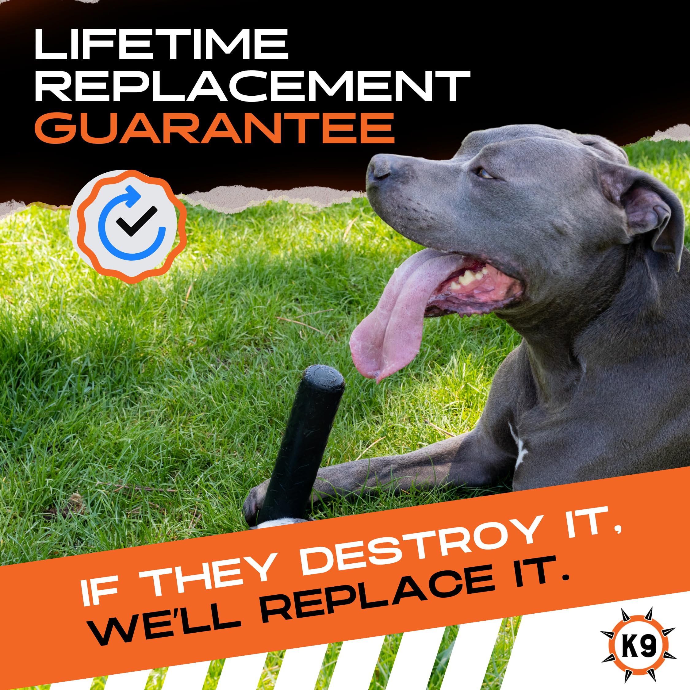 Monster K9 Indestructible Stick Dog Toy close-up emphasizes dishwasher-safe cleaning for quick maintenance.