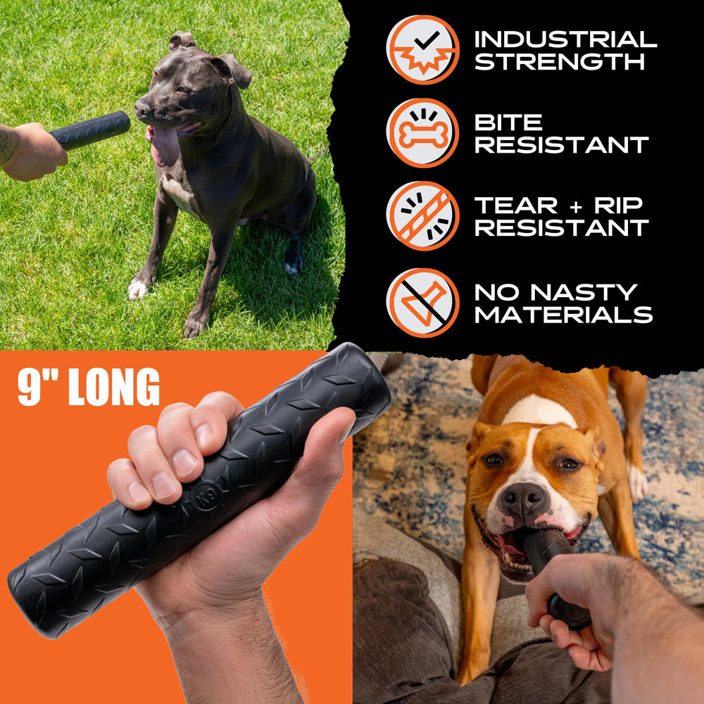 Monster K9 Indestructible Stick Toy with pull shows durable play for power chewers.