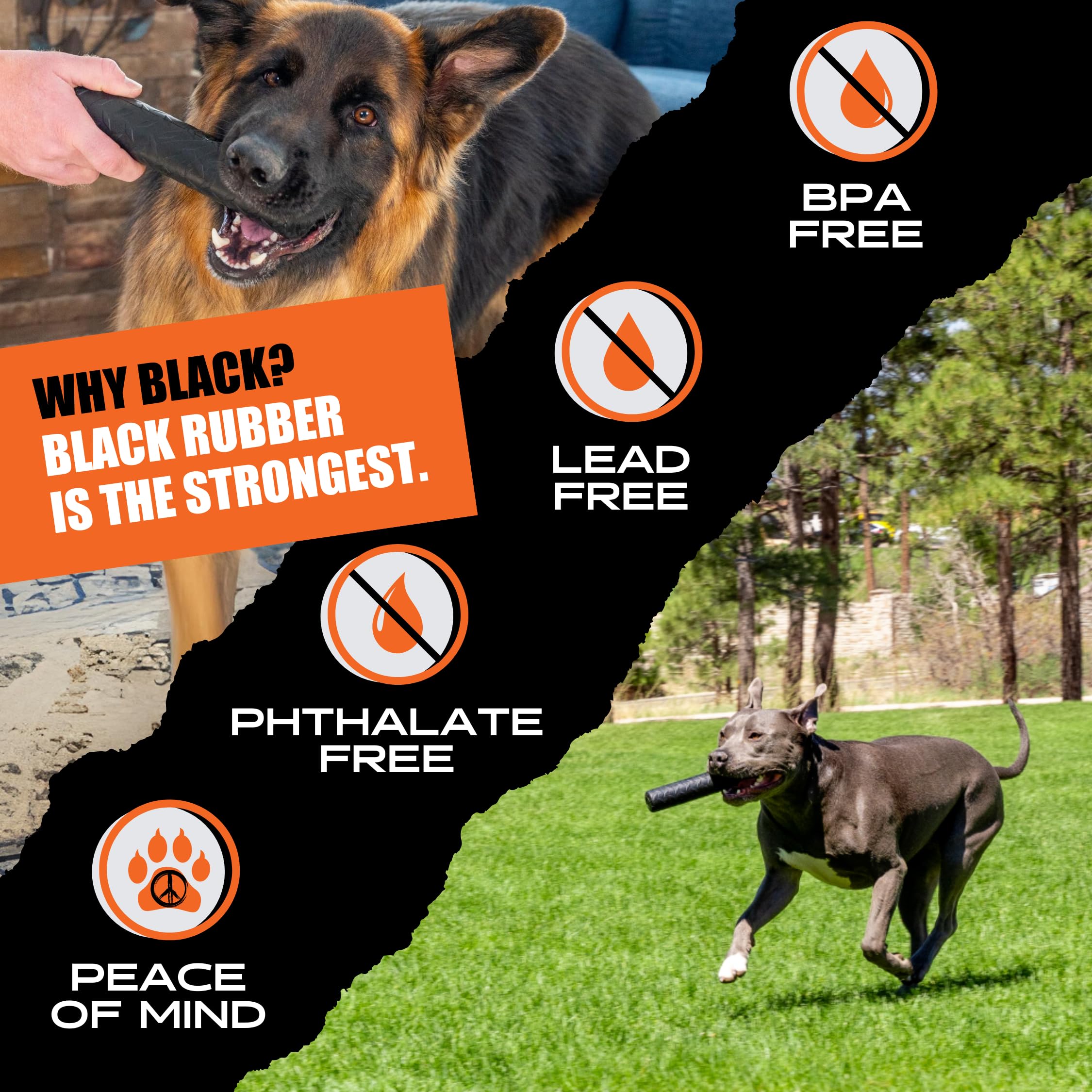 Monster K9 Indestructible Stick Dog Toy beside water bowl illustrates easy cleanup and year-round play.