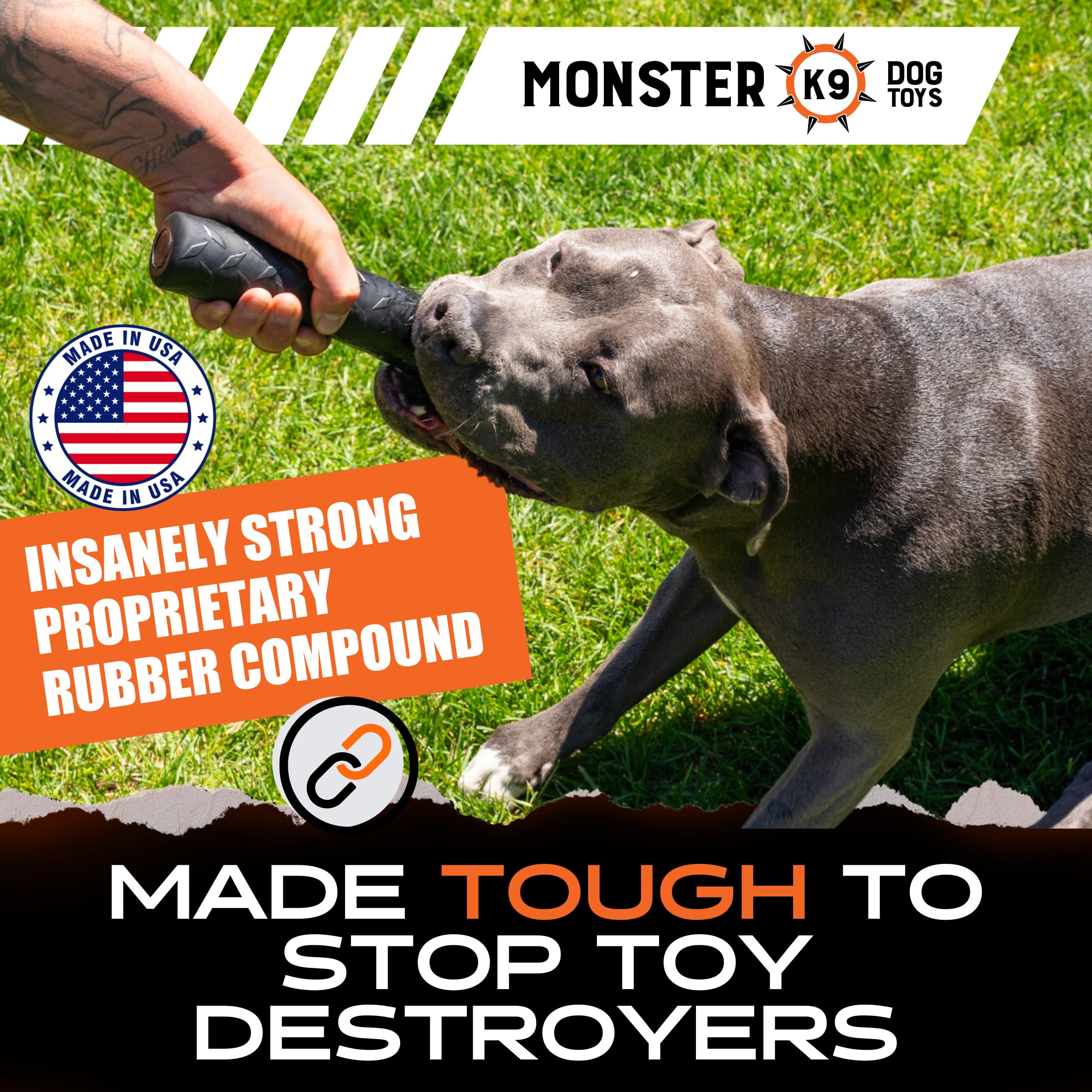 Monster K9 Indestructible Stick Dog Toy being chewed demonstrates safe, non-toxic natural rubber.