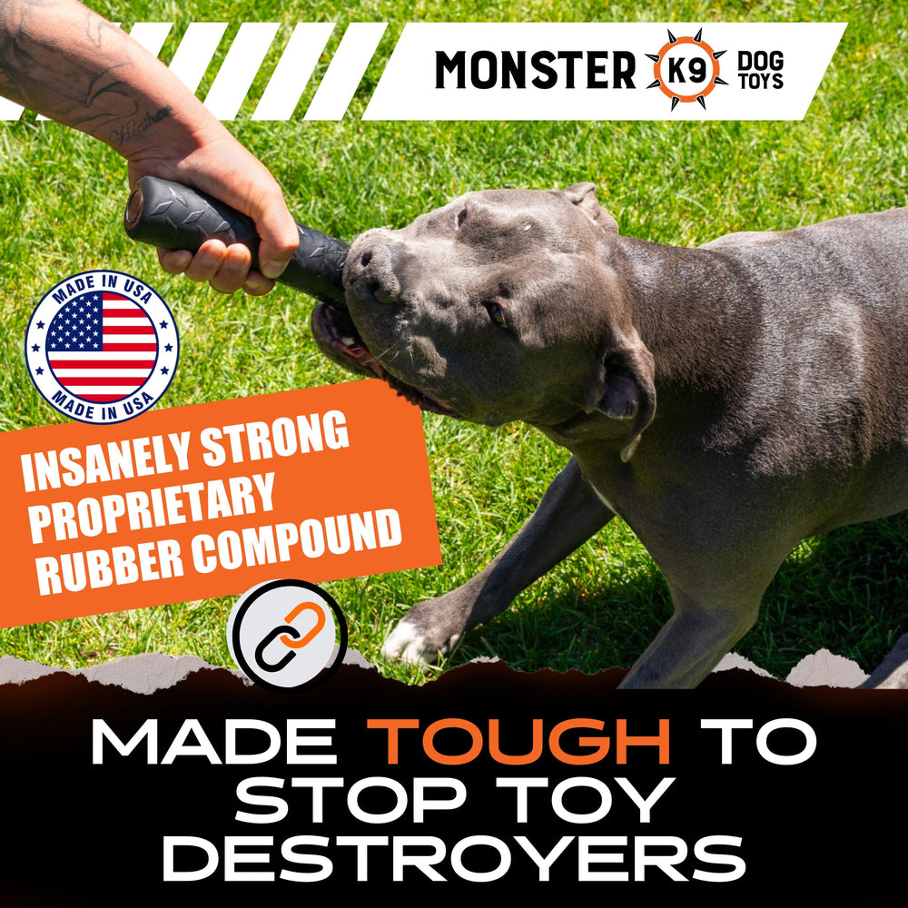 Monster K9 Indestructible Stick Dog Toy being chewed demonstrates safe, non-toxic natural rubber.