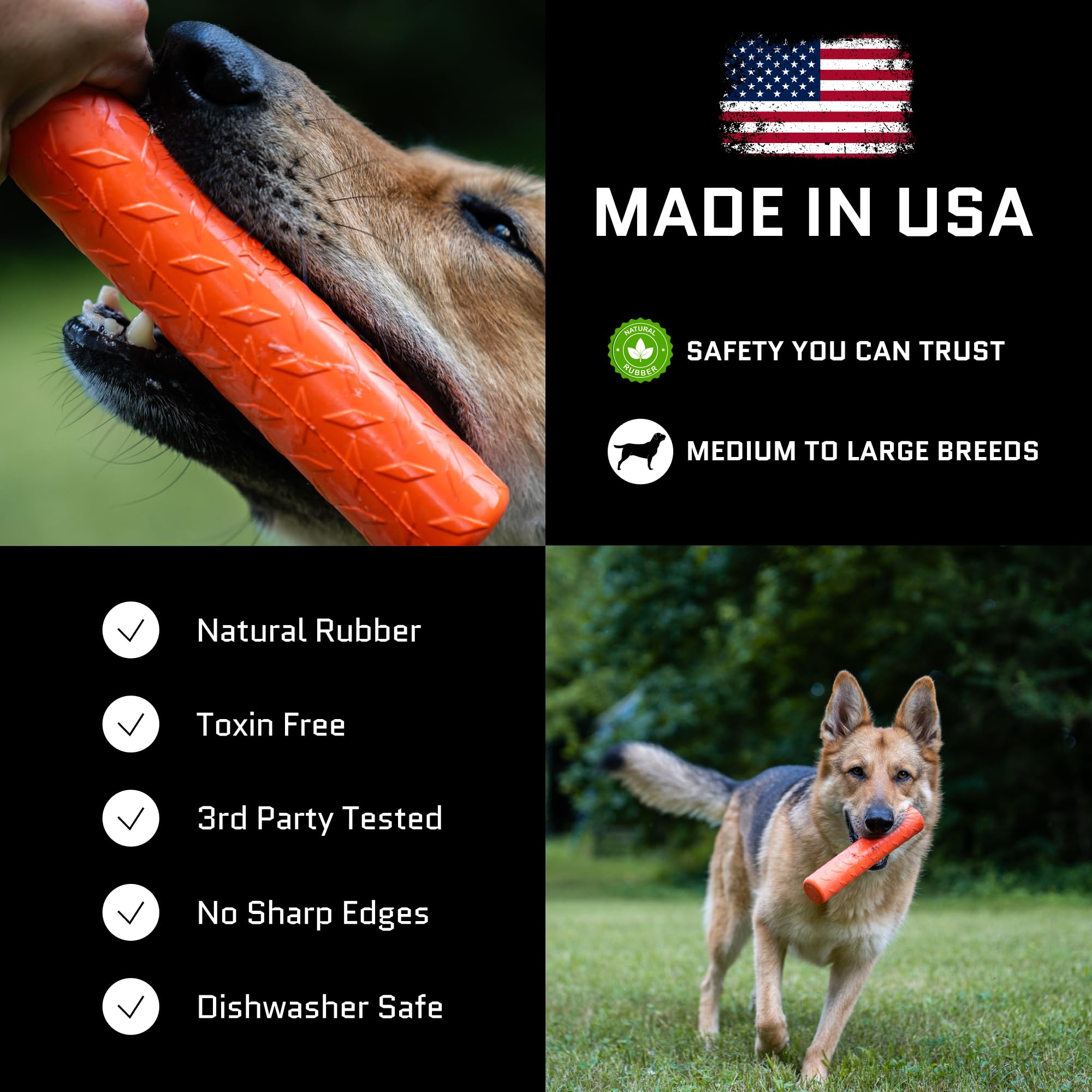Monster K9 Indestructible Stick Toy demonstrates tear-resistant rubber under tough chews
