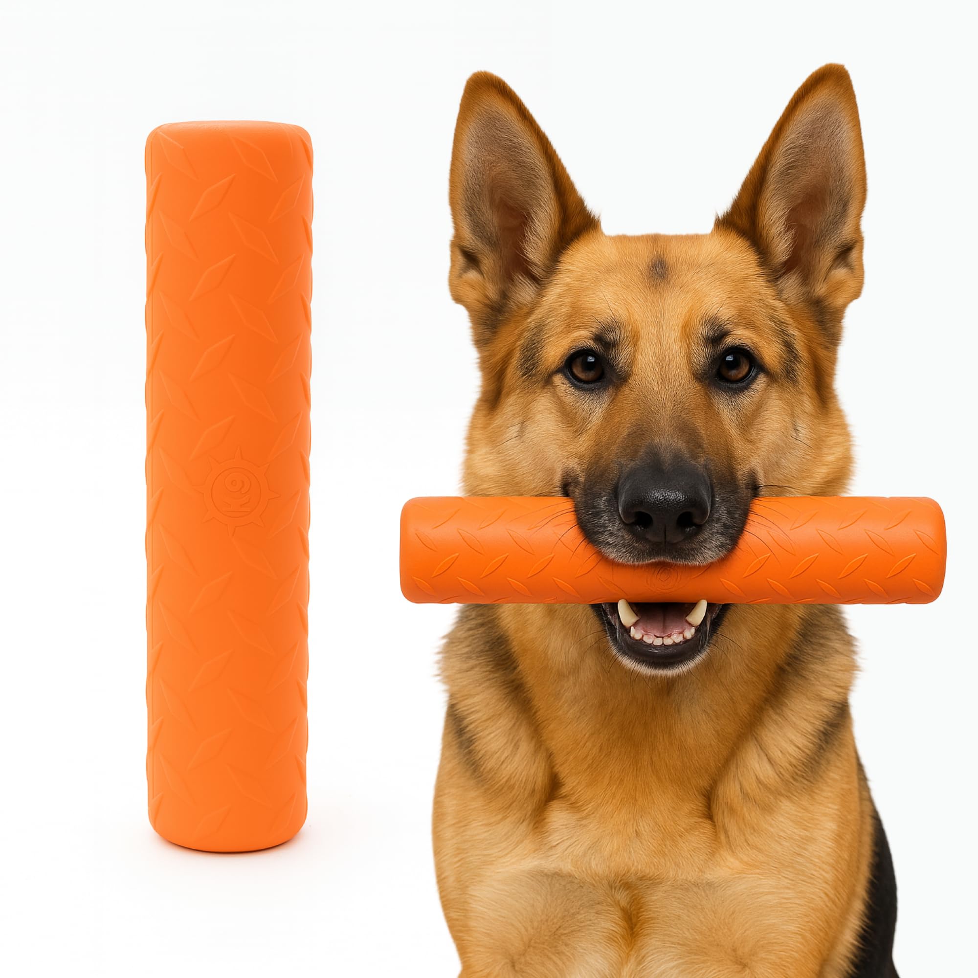 Monster K9 Indestructible Stick Toy close-up shows solid-core rubber for aggressive chewers