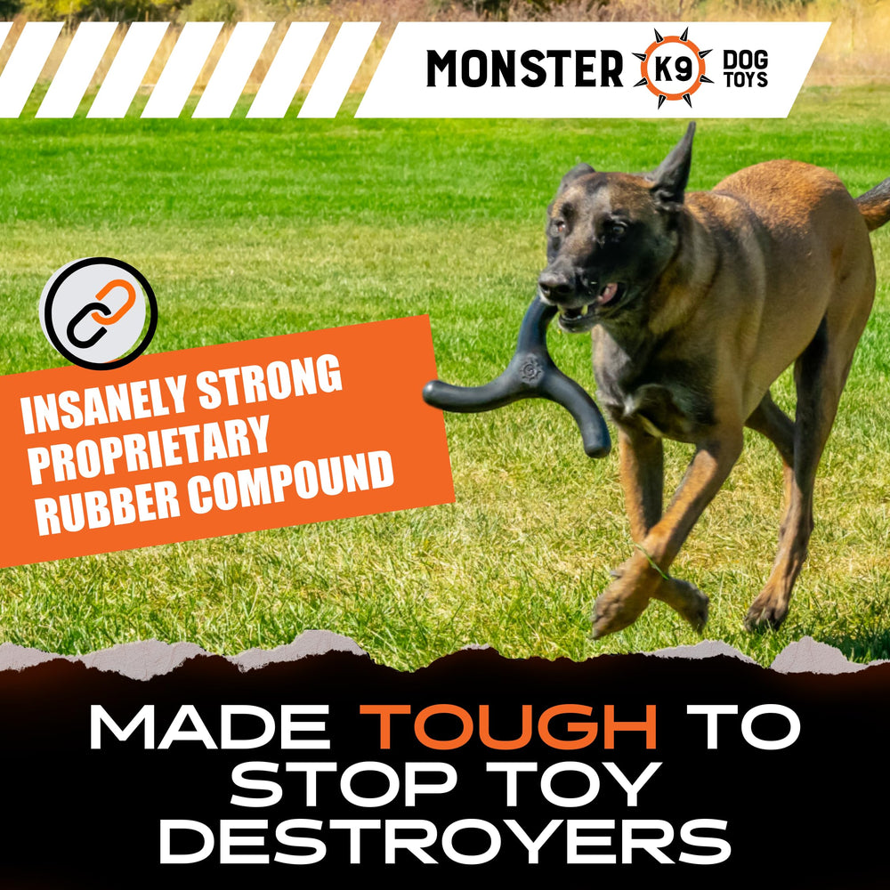 Monster K9 Indestructible Toy 8-inch width demonstrates durable chew during play.