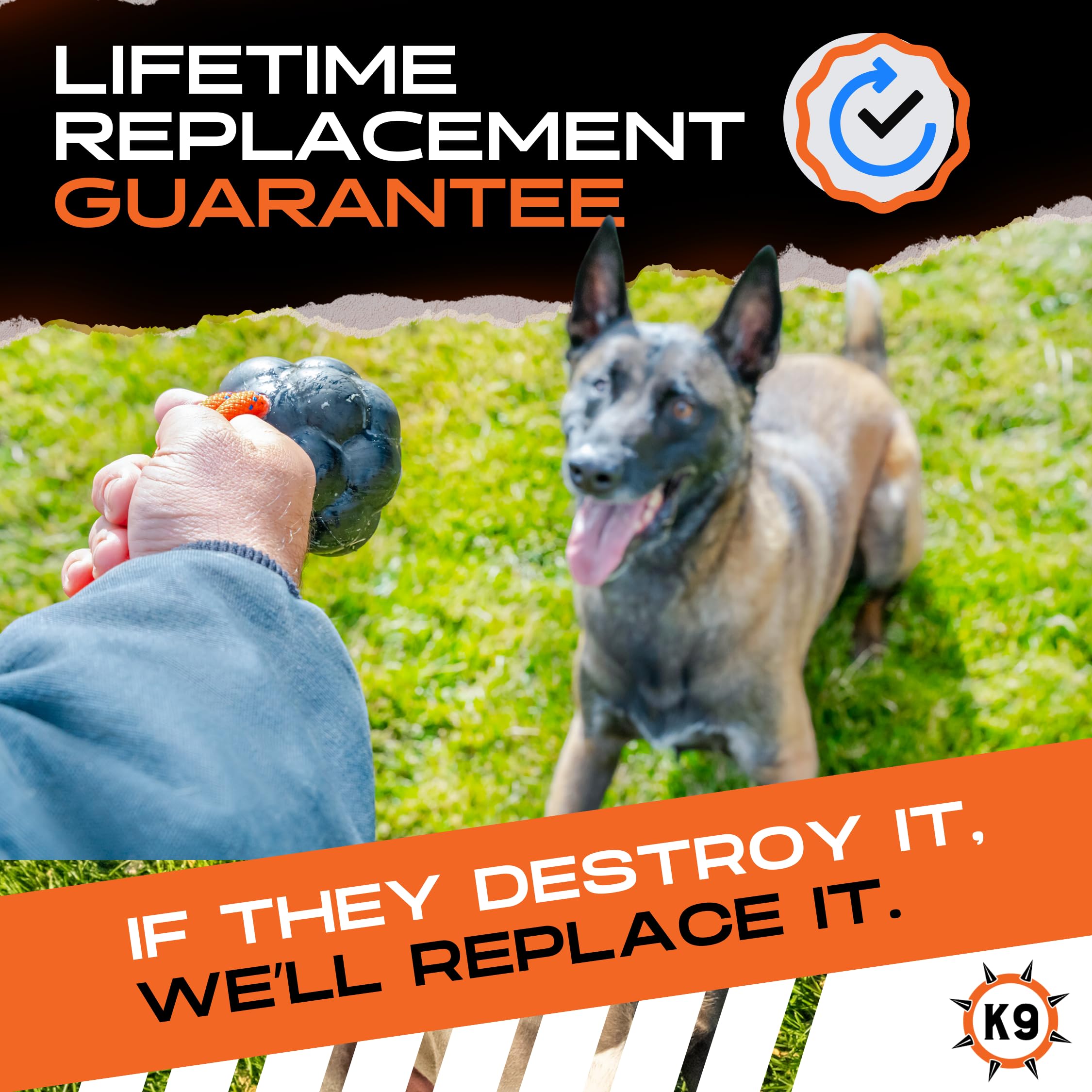 Monster K9 XL Dog Ball lifetime replacement program showcasing durability promise