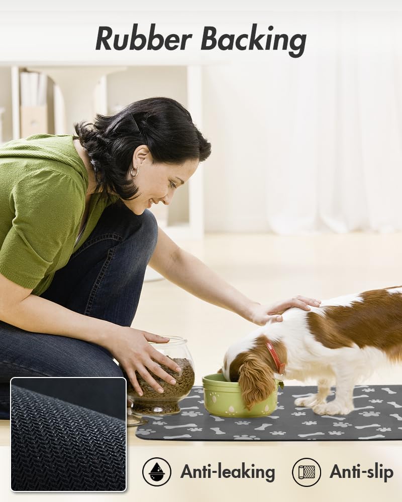 MontVoo 12x19 dark grey dog food mat fits standard feeding setups