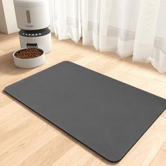 MontVoo absorbent pet feeding mat dark grey 12x19 overview with two bowls
