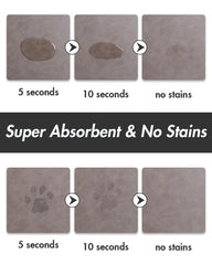 MontVoo absorbent pet feeding mat two-bowls-setup keeps bowls steady and spills contained.
