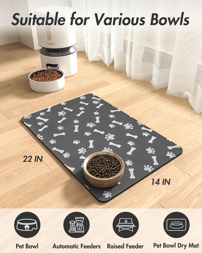 MontVoo dark grey feeding mat 14x22 inches helps create a tidy feeding space.
