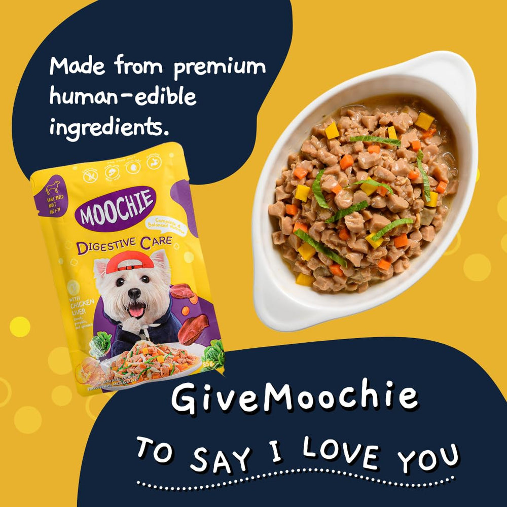 MOOCHIE dog enjoying meal highlights tasty, nutritious option for small breeds.