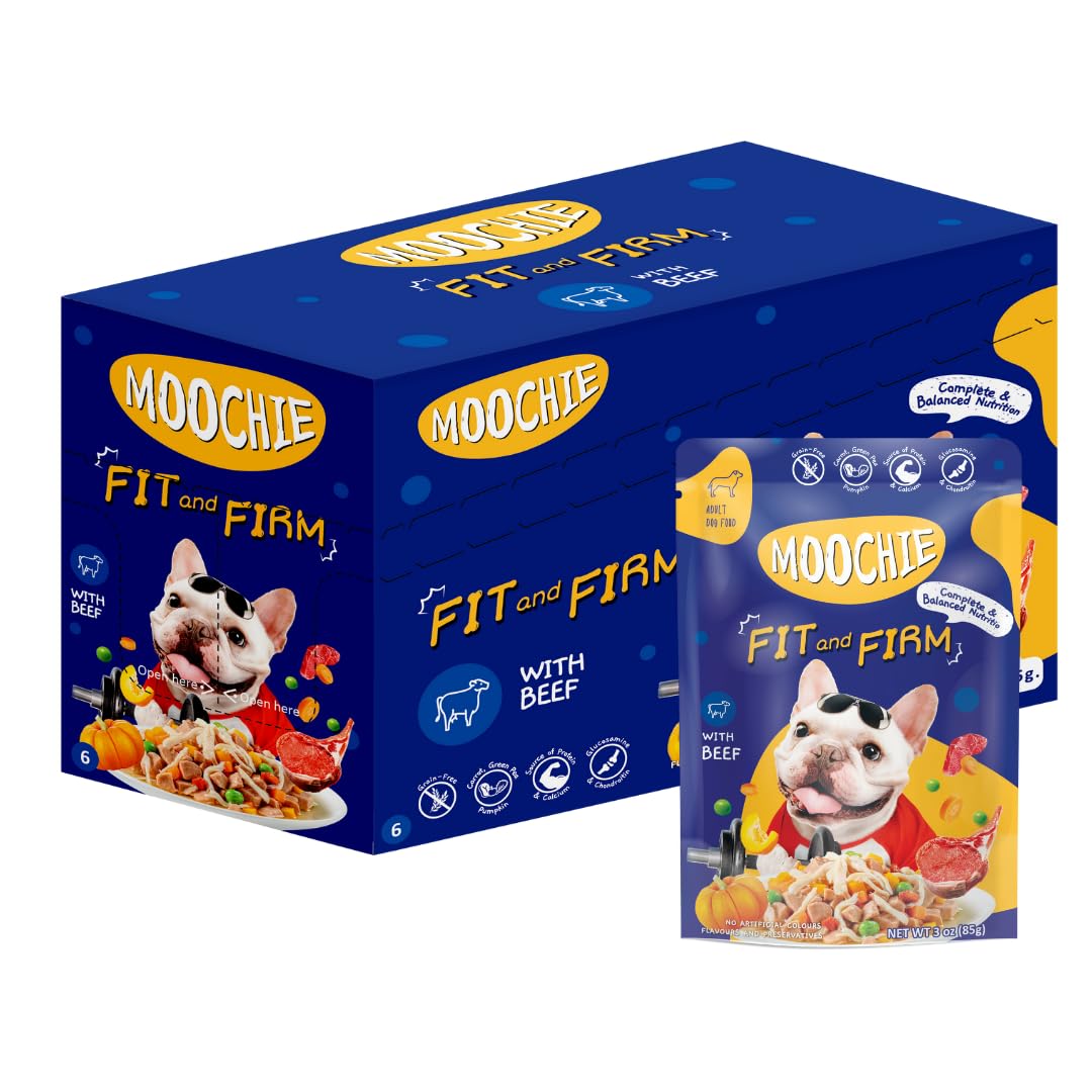 MOOCHIE fit-and-firm beef pouch visual with joint-support ingredients for small breeds.