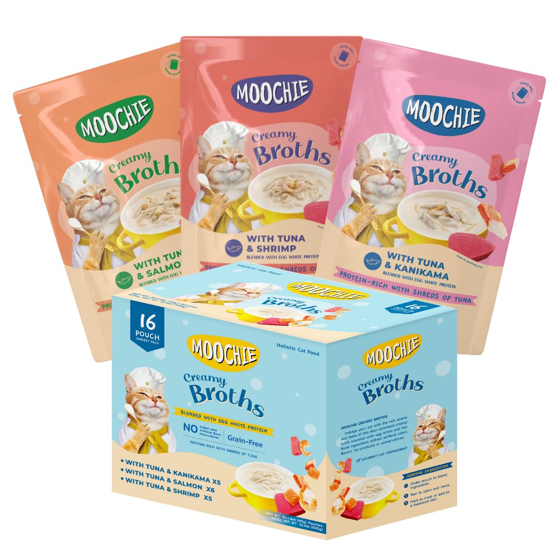 MOOCHIE salmon pouch in grain-free creamy seafood broth for hydrating cat treats.