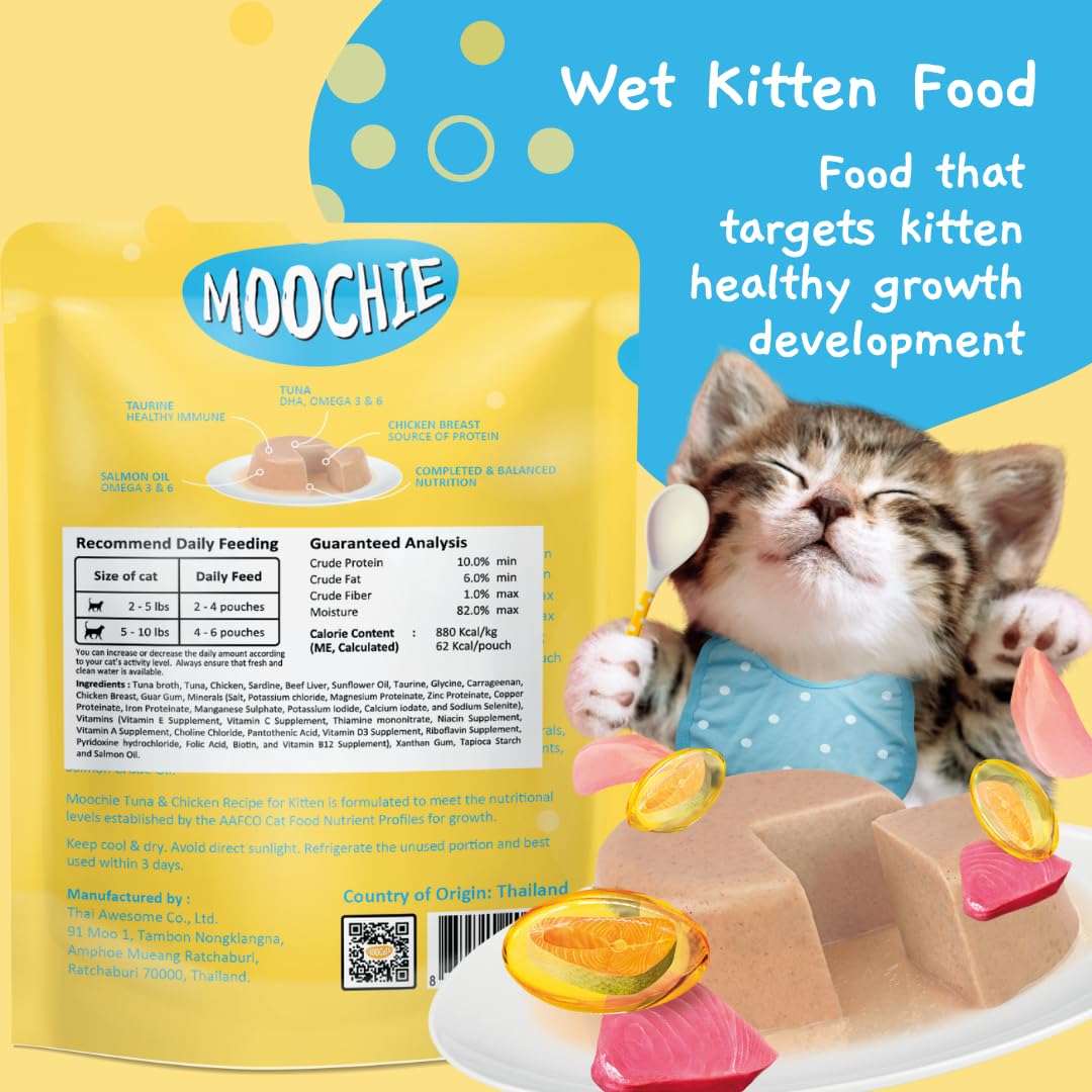 MOOCHIE grain-free kitten wet food pouches serving suggestion to entice meals