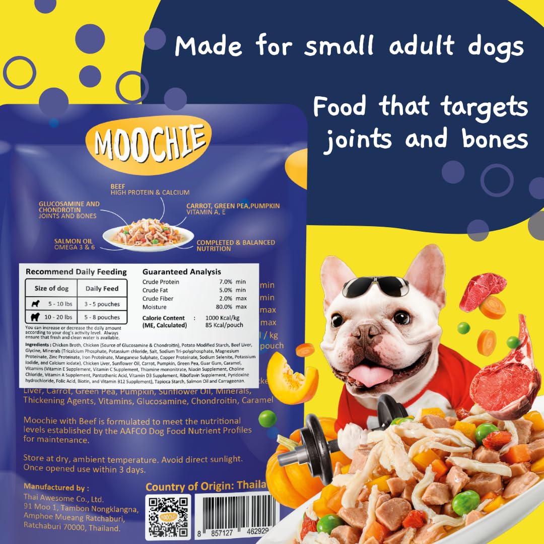 MOOCHIE grain-free small-breed dog food ingredients highlight real beef and vegetables.