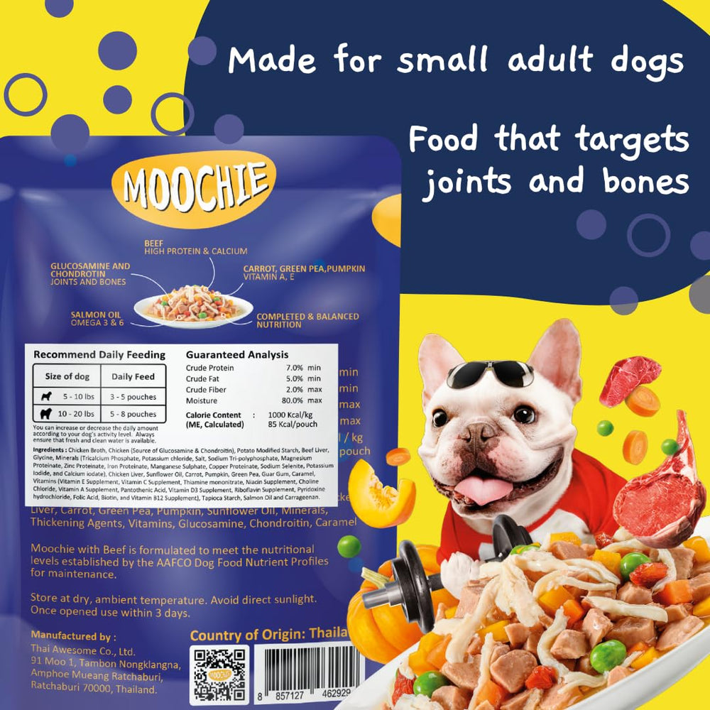 MOOCHIE grain-free small-breed dog food ingredients highlight real beef and vegetables.