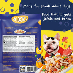 MOOCHIE grain-free small-breed dog food ingredients highlight real beef and vegetables.