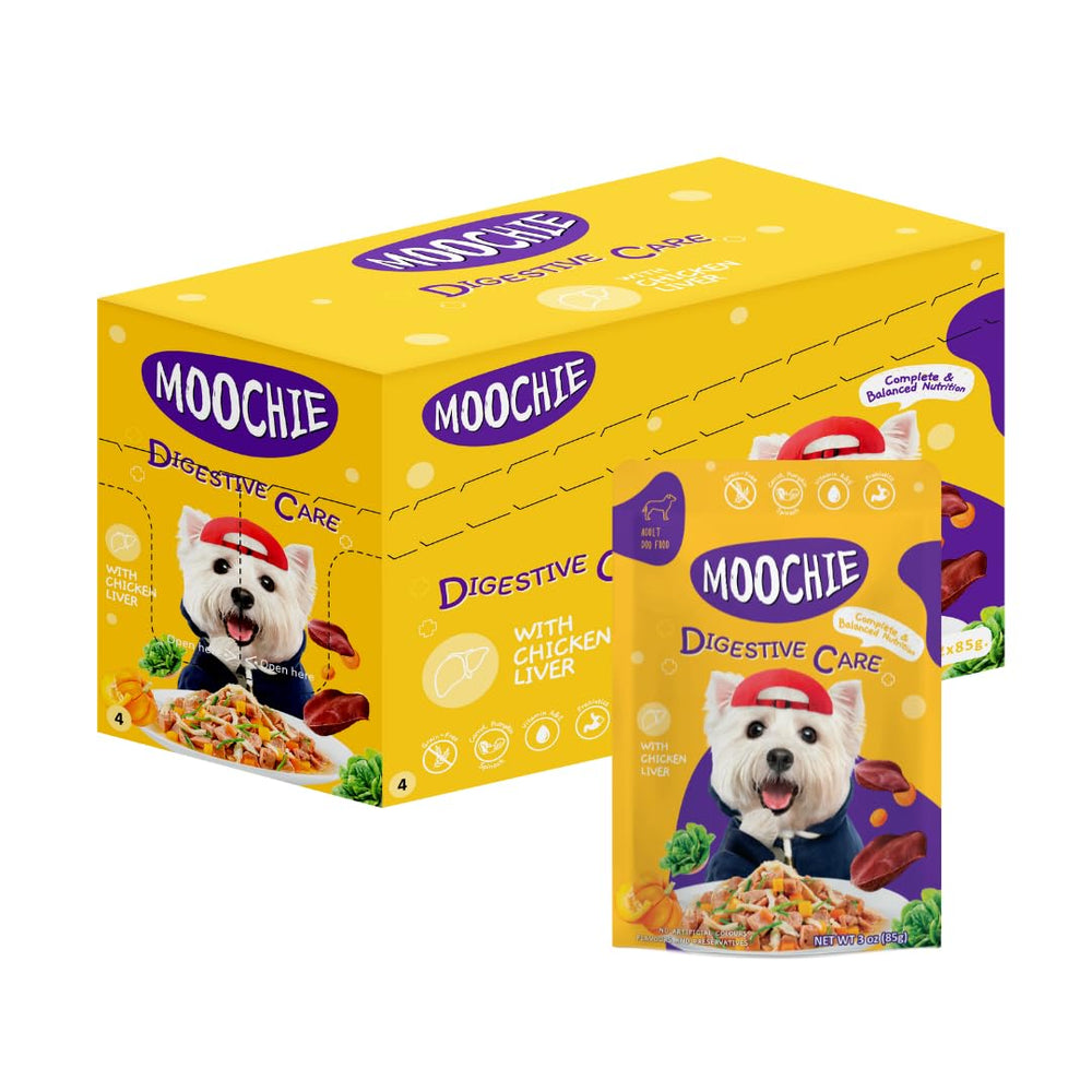 MOOCHIE grain-free small-dogs wet food packaging highlights premium ingredients and no artificial flavors.