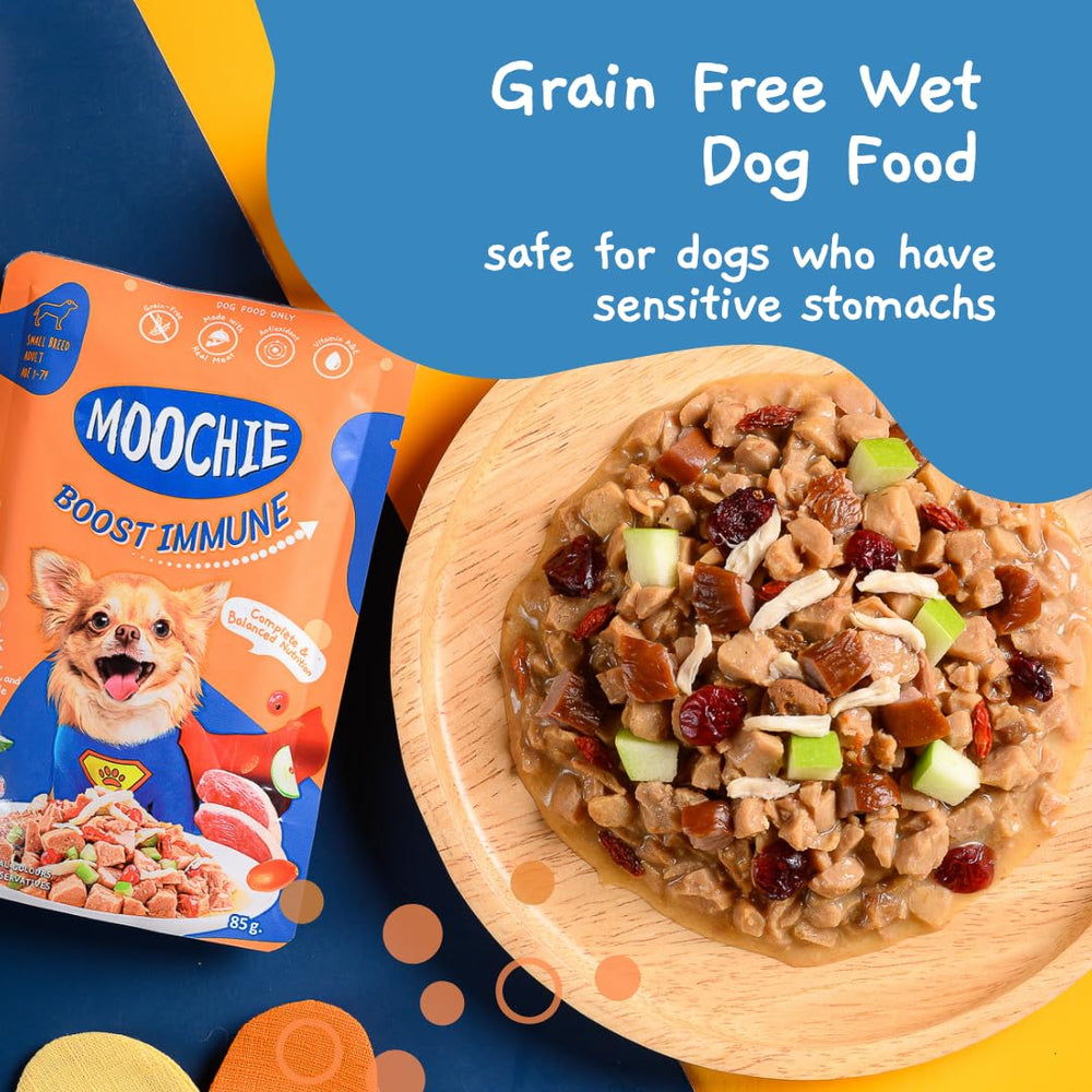 MOOCHIE grain-free soft-texture dog food ideal for small dogs with sensitive stomachs.