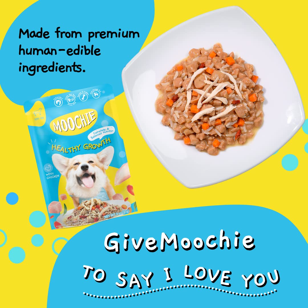 MOOCHIE puppy wet food pouch on-the-go feeding is convenient.