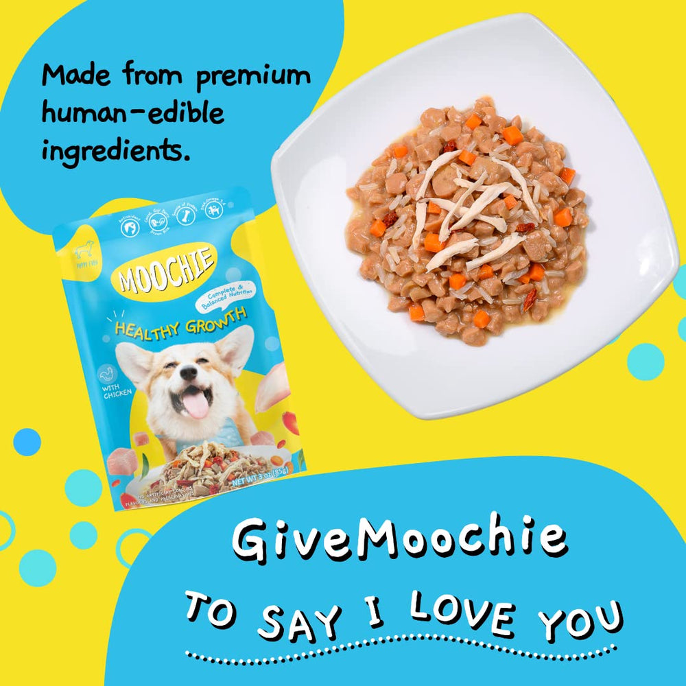 MOOCHIE puppy wet food pouch on-the-go feeding is convenient.