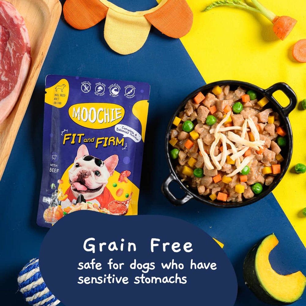 MOOCHIE real-beef-vegetables pouch showcases premium ingredients for balanced small-dog meals.