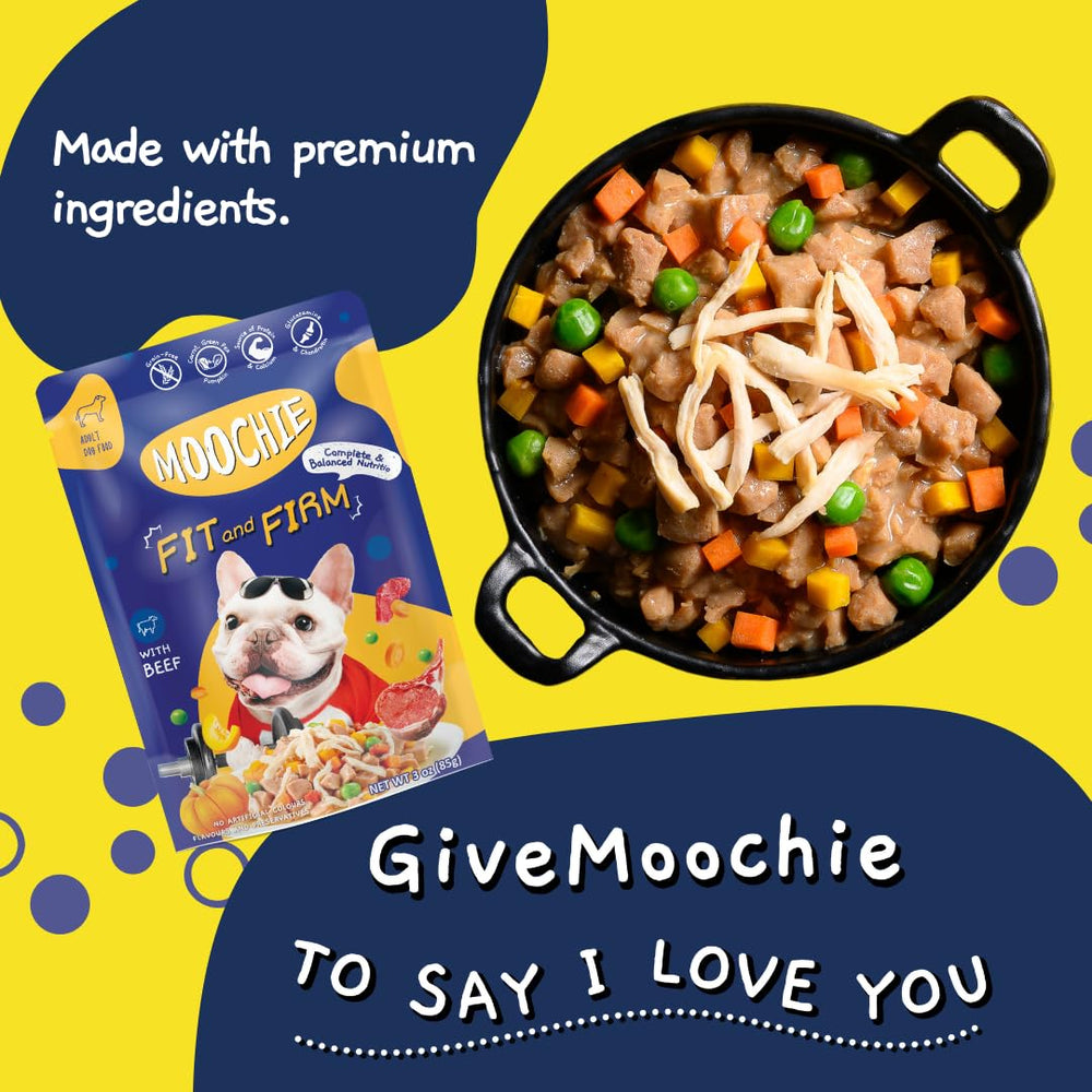 MOOCHIE serving-idea-for-small-dog collage showing convenient 3 oz pouches.
