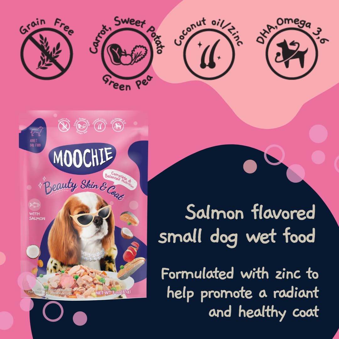 MOOCHIE soft wet dog food close-up showing prebiotics for digestive balance
