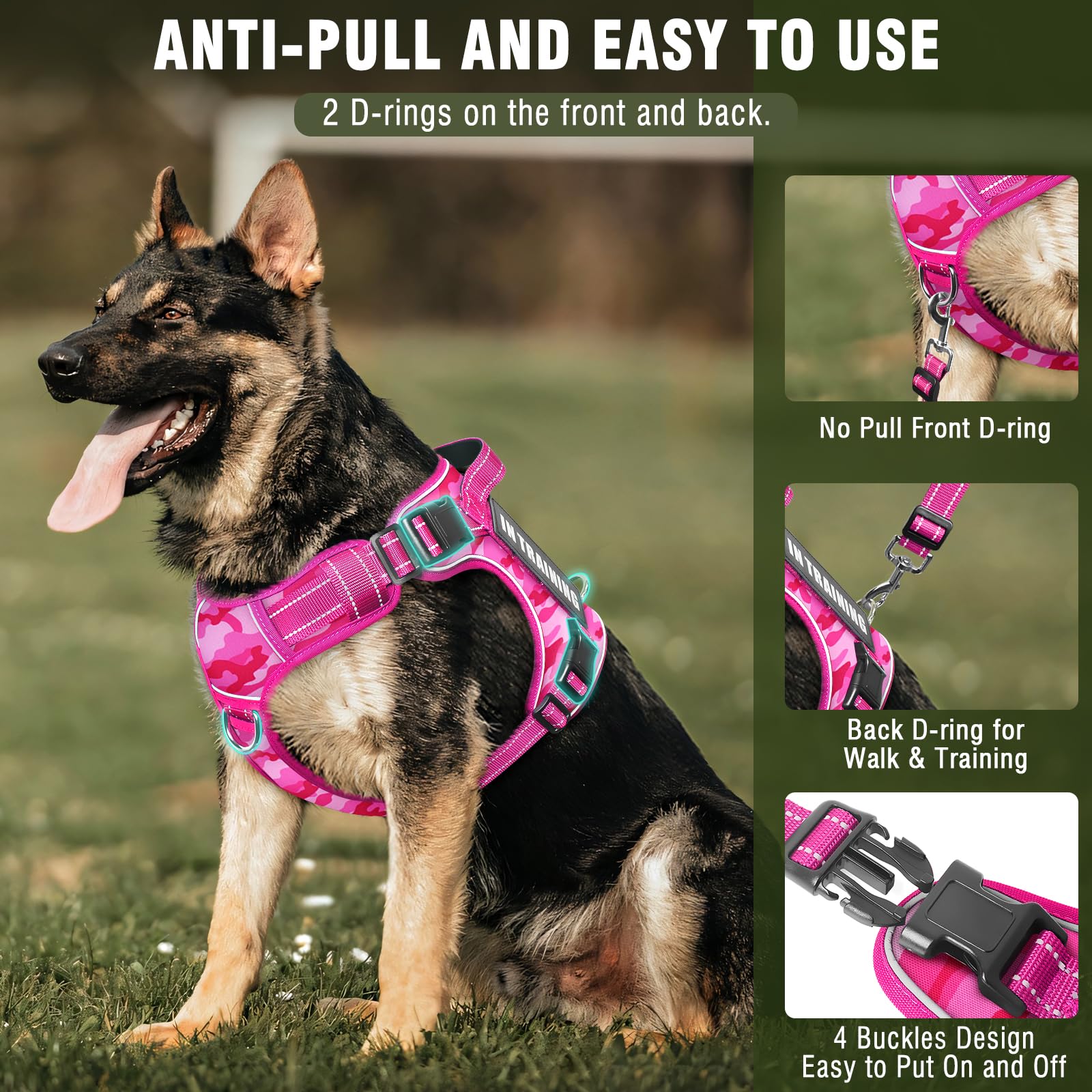 MOOGROU no-pull harness with quick-release buckles for easy on/off