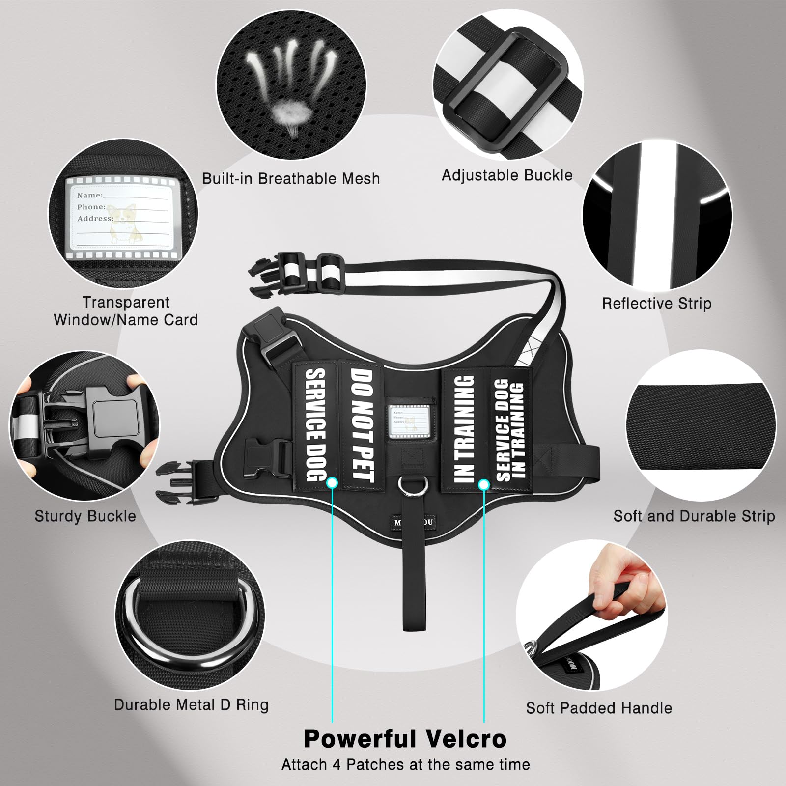 MOOGROU no-pull harness design with chest and neck buckles eases on-off.
