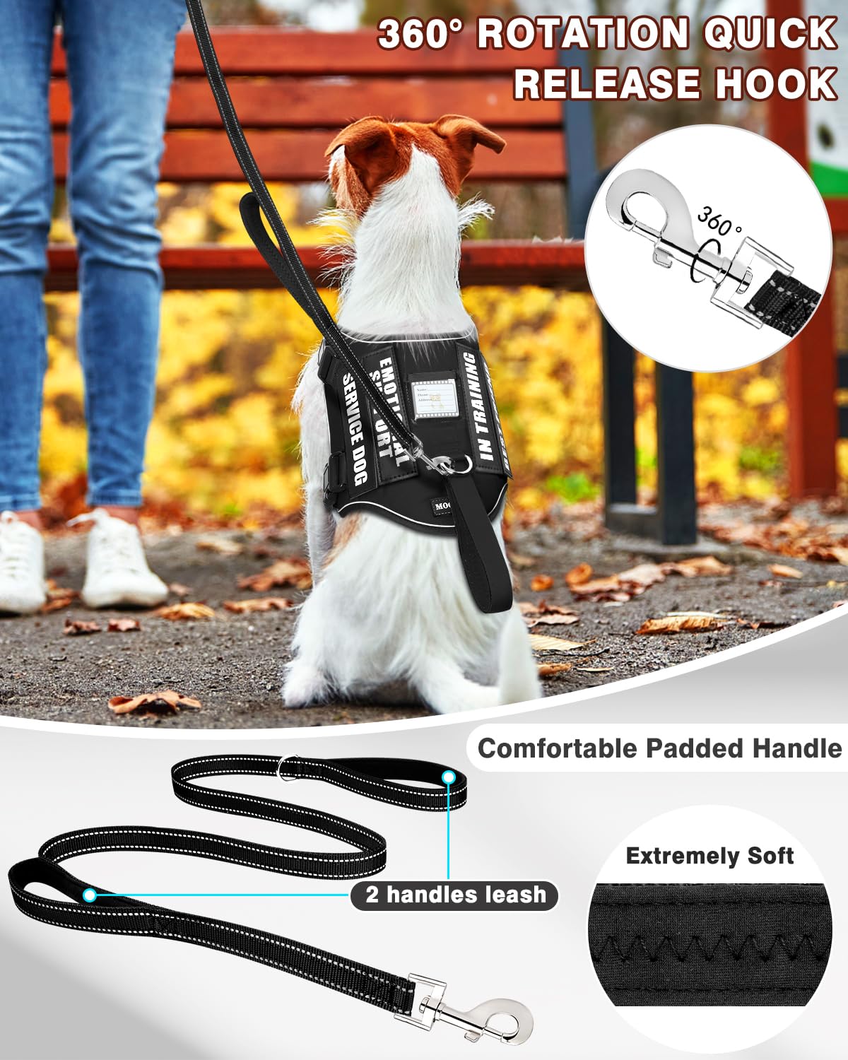 MOOGROU service dog leash with soft padded handles shown for comfortable control