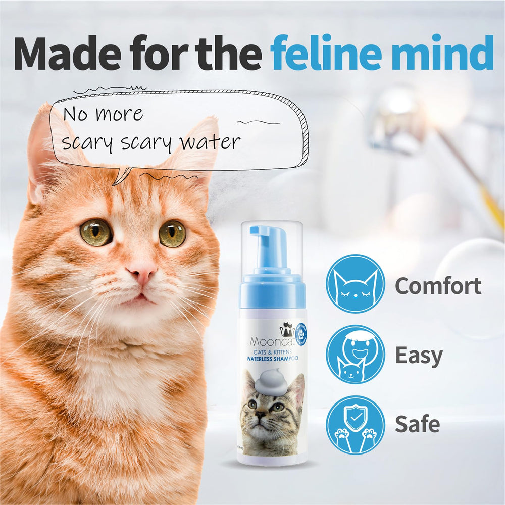 Mooncat Senior cat care visuals highlighting gentle, pH-balanced cleansing