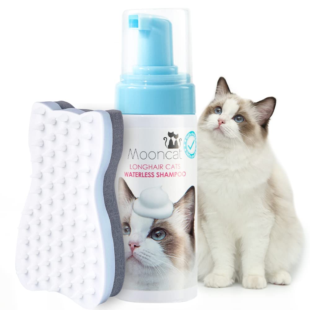 Mooncat waterless shampoo bottle demonstrates convenient no-rinse cleansing for longhair cats.