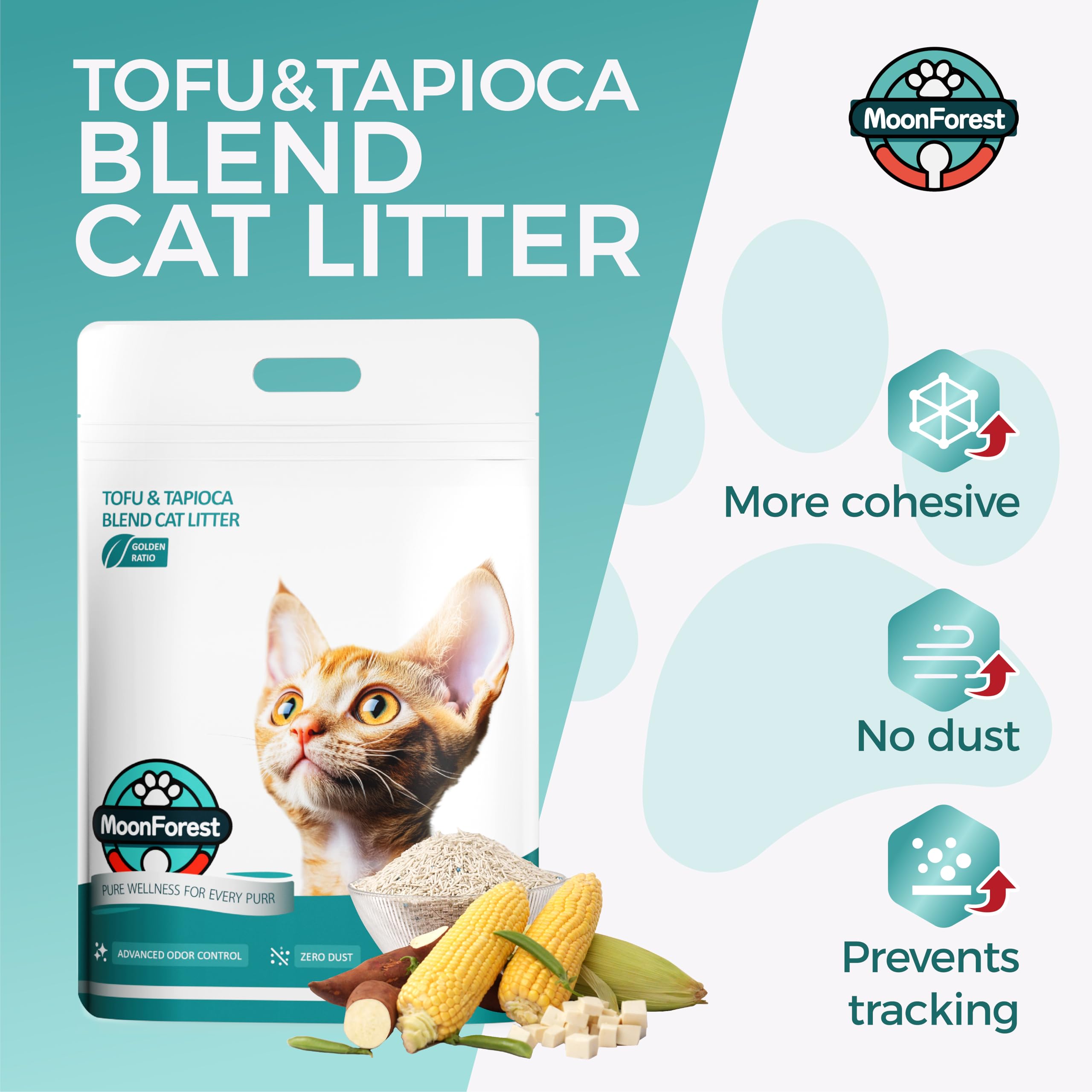 MoonForest Tofu Cat Litter dust-free pouring demonstrates minimal airborne dust during scooping.