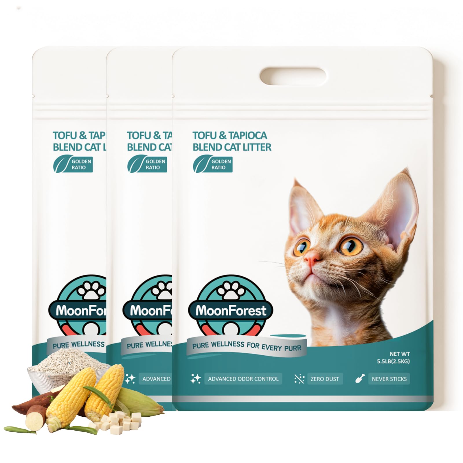 MoonForest Tofu Cat Litter packaging shows eco-friendly bags for clean, convenient storage.