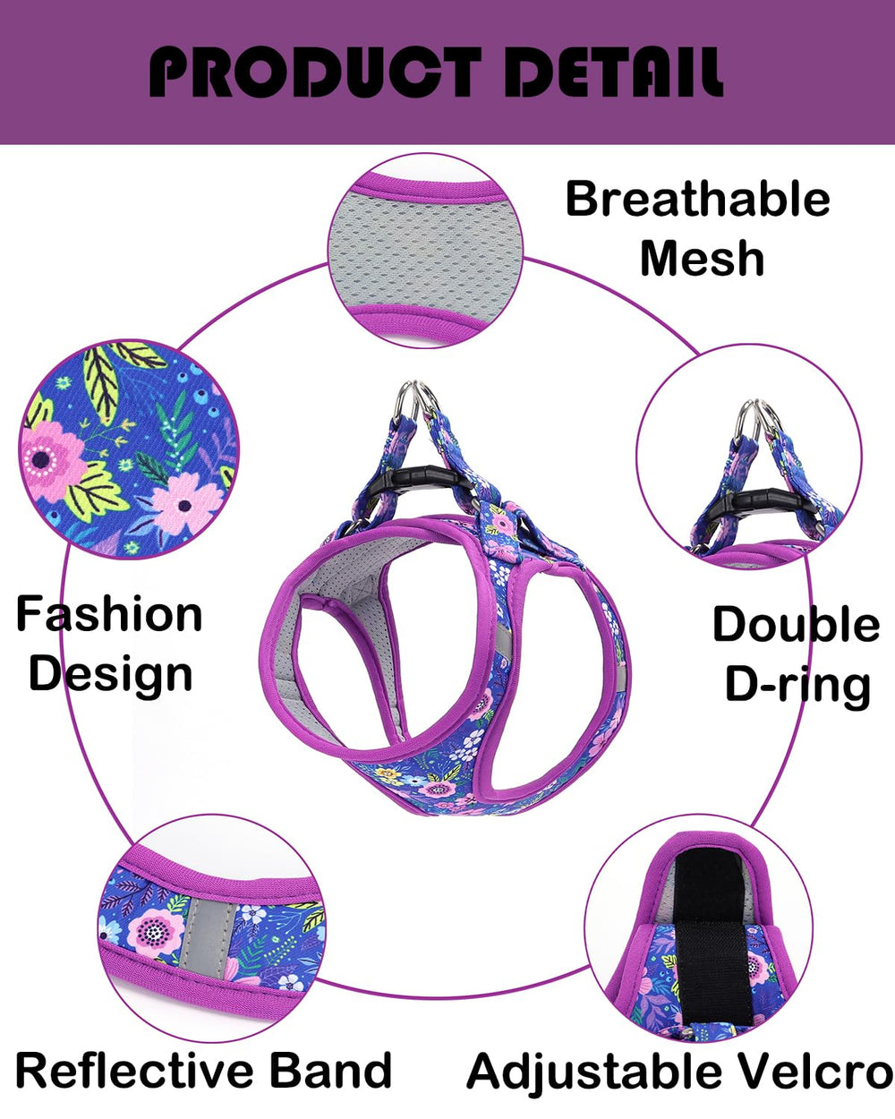 Moonpet Step-in Dog Harness Dark Flower back view emphasizes secure double D-rings