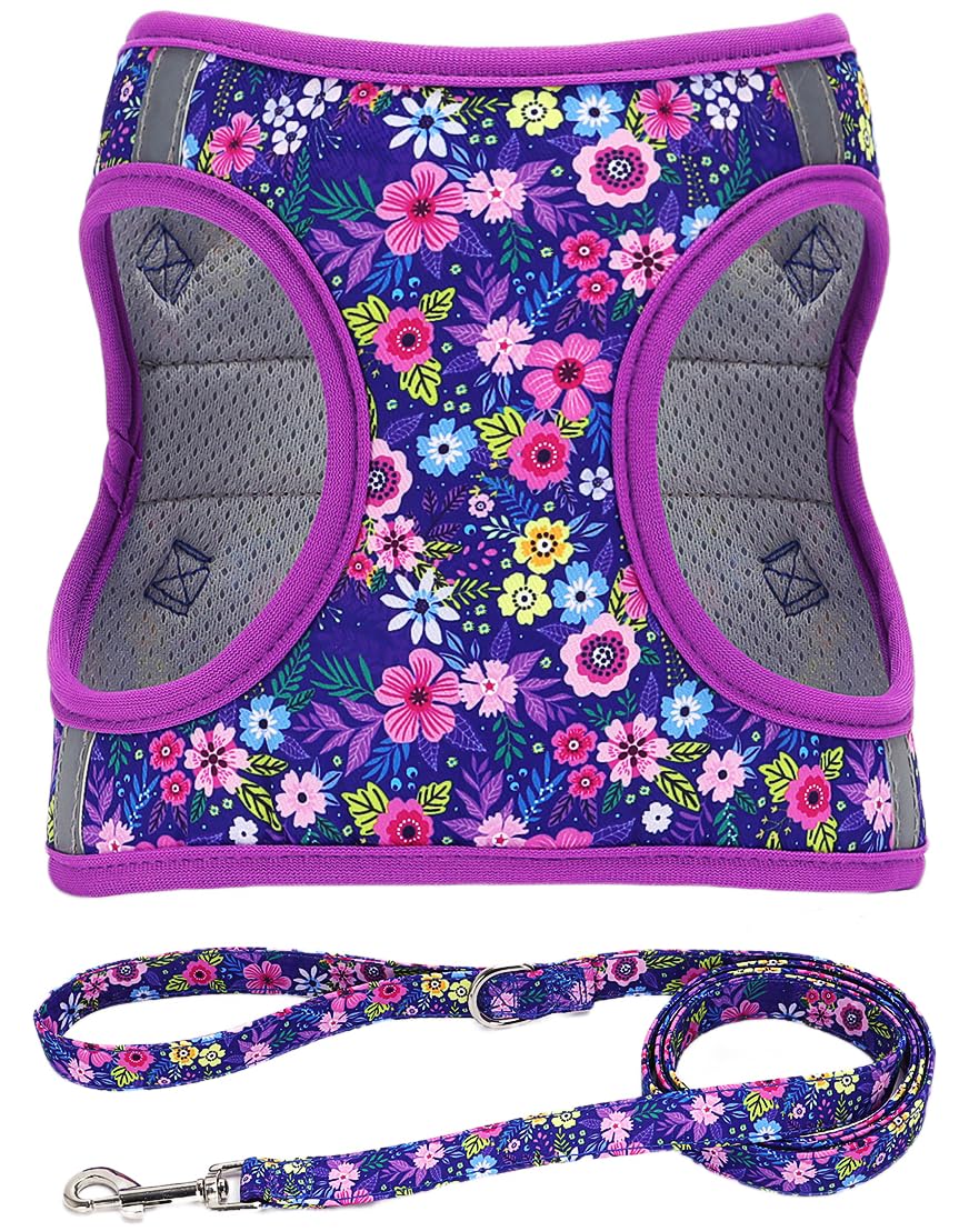 Moonpet Step-in Dog Harness Dark Flower front view highlights breathable mesh padding