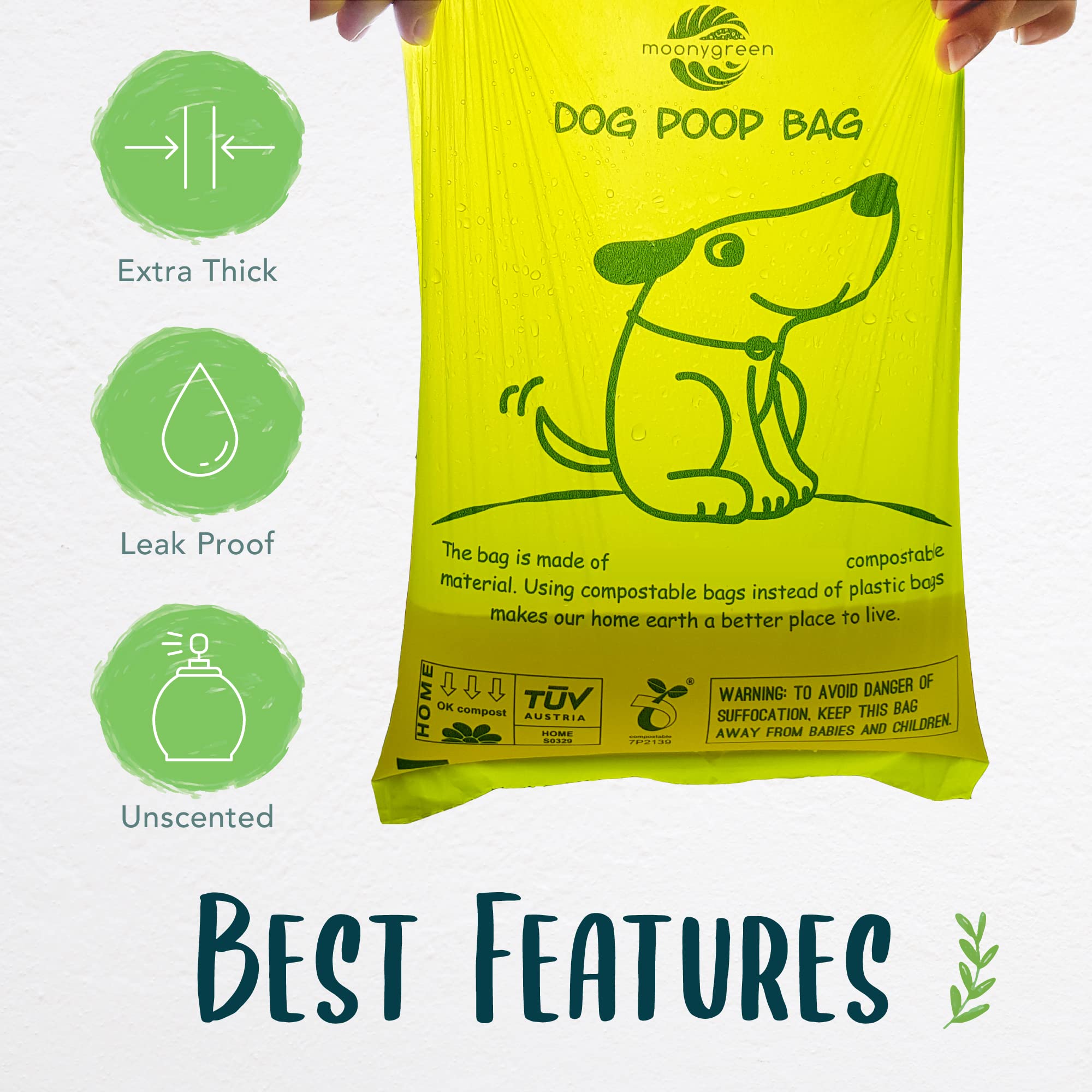 Moonygreen bags fitting leash dispensers highlight easy-take and quick-tie cleanup