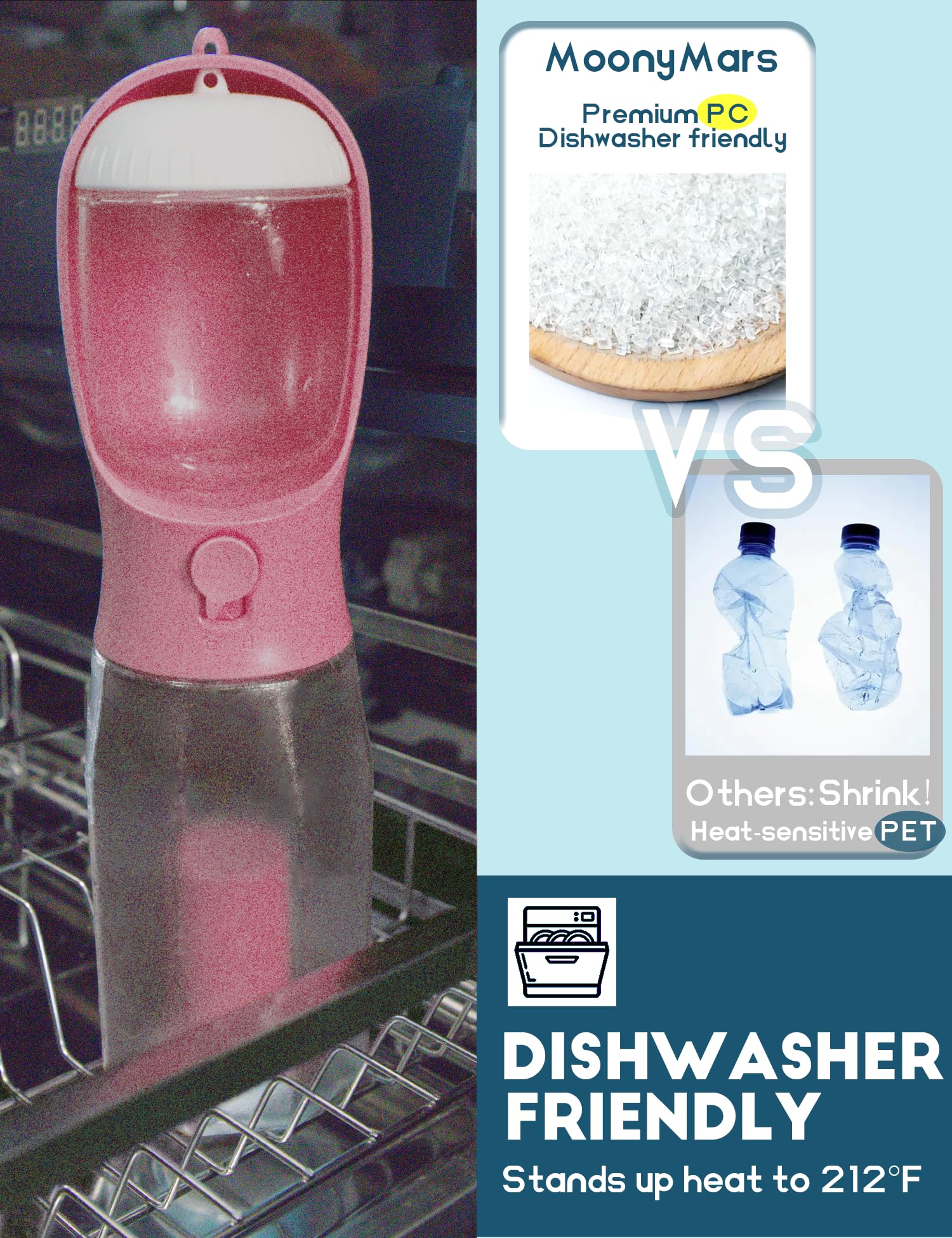 MoonyMars pink bottle dishwasher-safe material for simple cleaning after hikes.