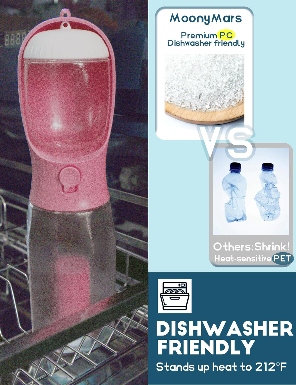 MoonyMars pink bottle dishwasher-safe material for simple cleaning after hikes.