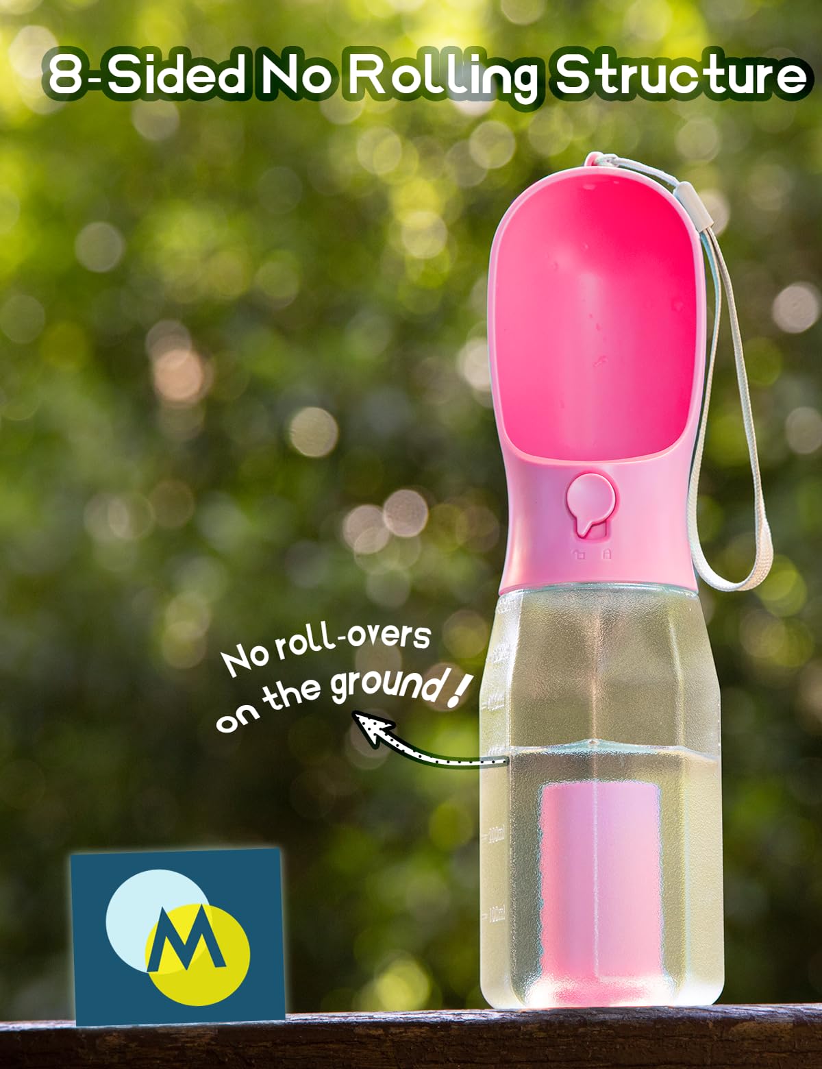 MoonyMars pink bottle base shows built-in poop bag dispenser for cleanup.
