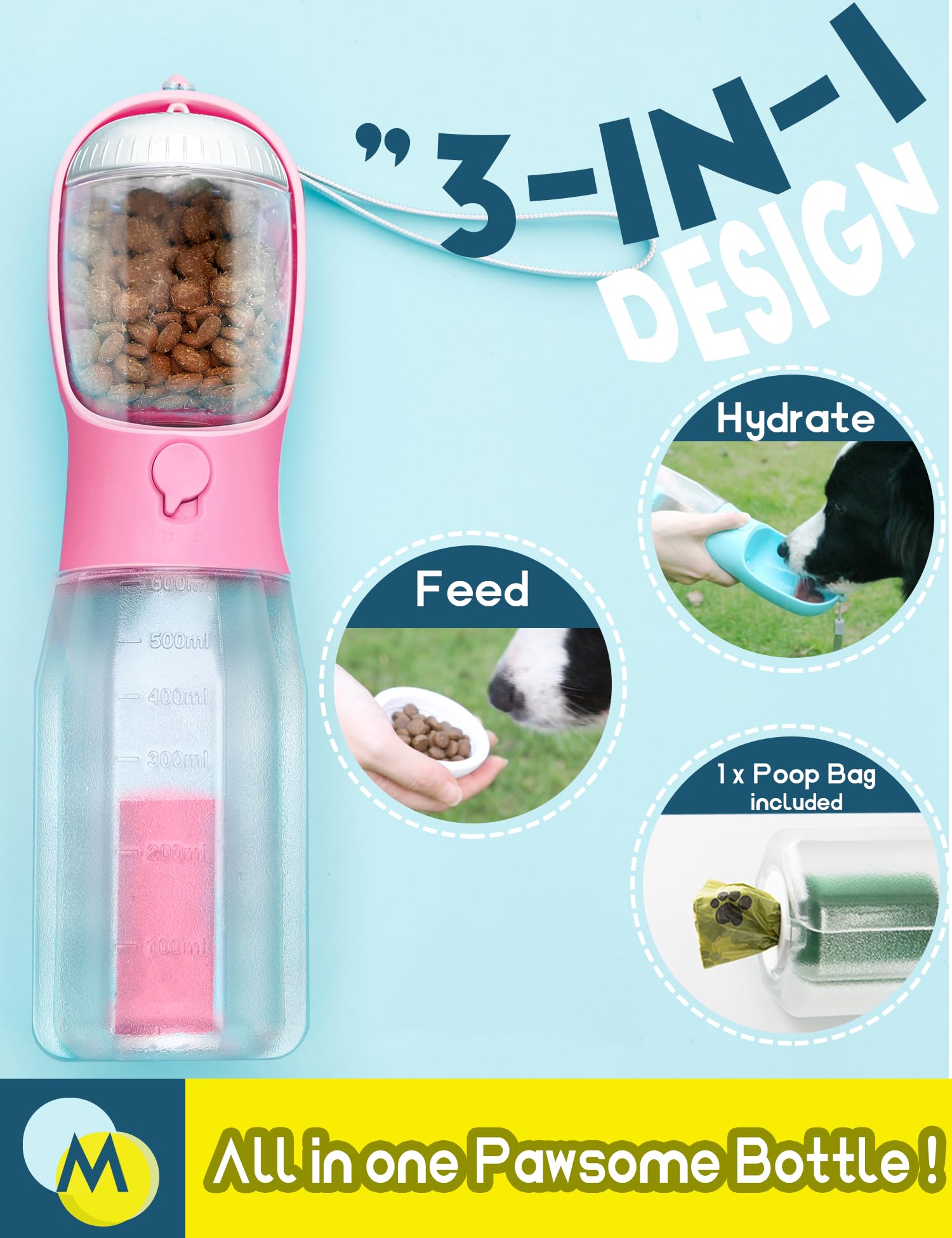 MoonyMars pink bottle snack-compartment ready for quick fueling on walks.